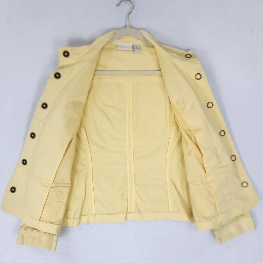 Chicos Jacket Womens 2 Yellow 12 Snap Front Ruffle Utility Casual Classic